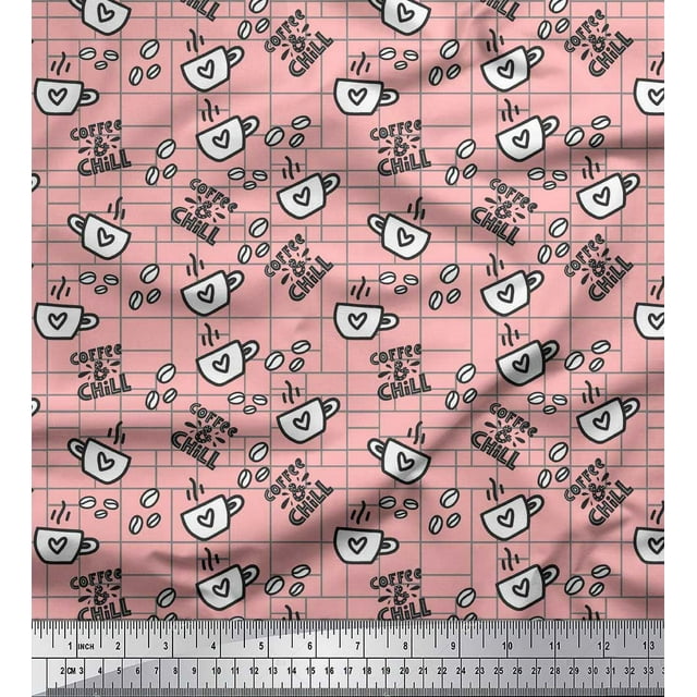Soimoi Pink Rayon Fabric Coffee & CHill Text Print Fabric by Yard 42 Inch Wide