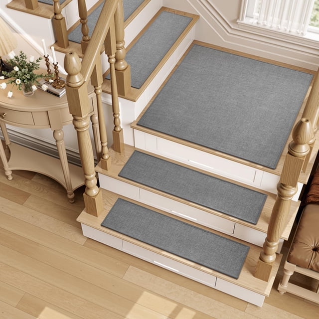 Stair Treads Matching Mat Non Slip Indoor, Square Stair Treads Carpet Rubber Backing, Reusable Stair Treads for Wooden Steps, Washable Stair Rugs for Kids and Pets 31"x31" Grey