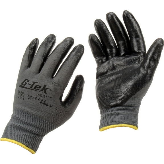 PIP G-Tek® Nitrile Coated Nylon Grip Gloves, Black/Gray, Medium, 12 Pairs