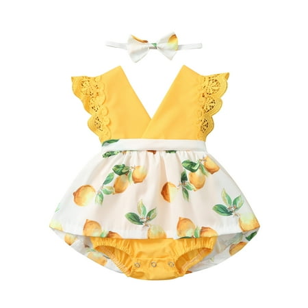 

BSDHBS Girls Dresses Toddler Kids Baby Girls Lace Lemon Print Dress Romper Headbands Princess