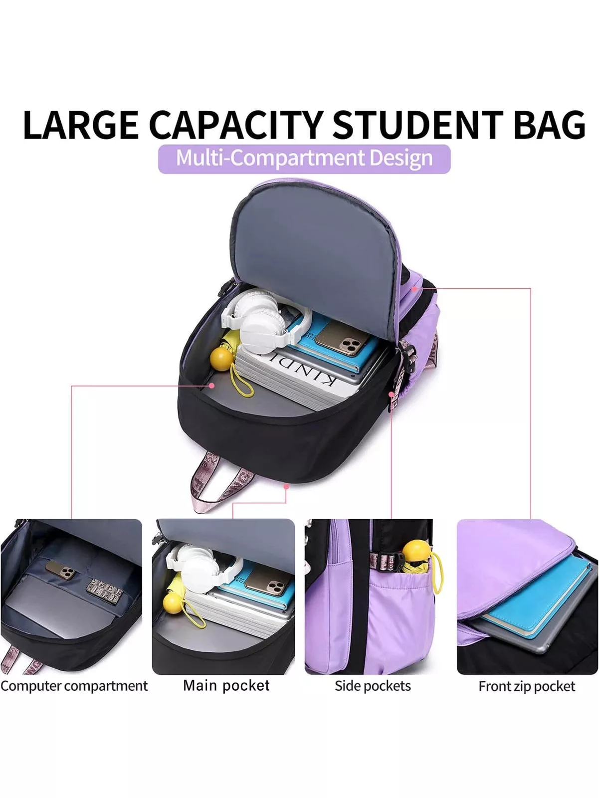 Mochila escolar con puerto USB de carga, para laptop, de viaje, de hombro, tipo rucksack 8