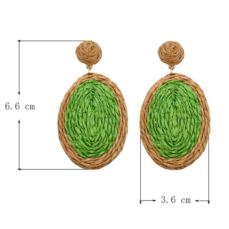 Green Raffia Flower Earrings For Women — Handmade Bohemian Dangle Earrings, Spring & Summer Style