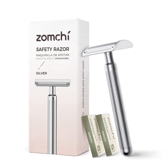ZOMCHI Double Edge Safety Razor for Men & Women,[New Version 2.0 ] Metal Razor with 10 Double Edge Safety Razor Blades,Single Blade Razor – Noble Silver