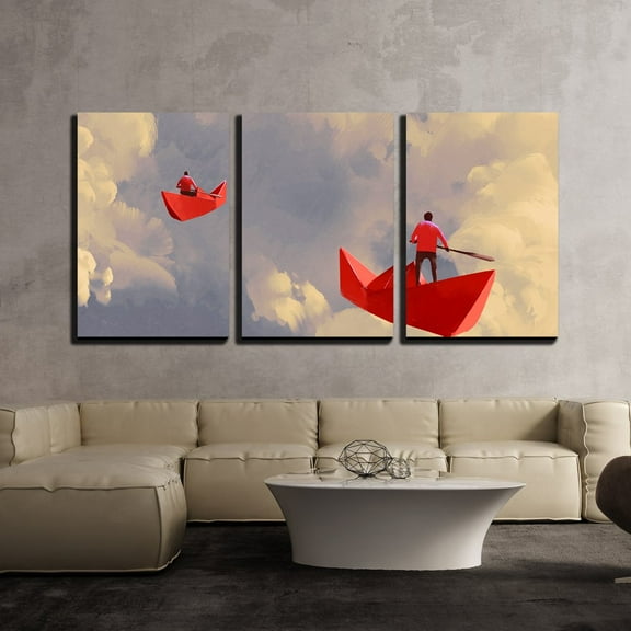 wall26 - 3 Piece Canvas Wall Art - Illustration - Men on Origami Red Paper Boats Floating in The Cloudy Sky - Modern Home Art Stretched and Framed Ready to Hang - 24"x36"x3 Panels