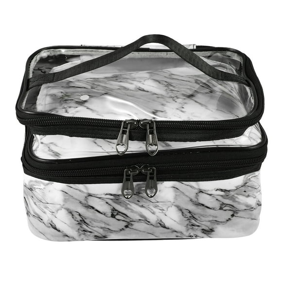 Estuche de maquillaje de doble capa Unique Bargains Neceser transparente para mujeres Patrón de mármol Blanco 23x17x16cm