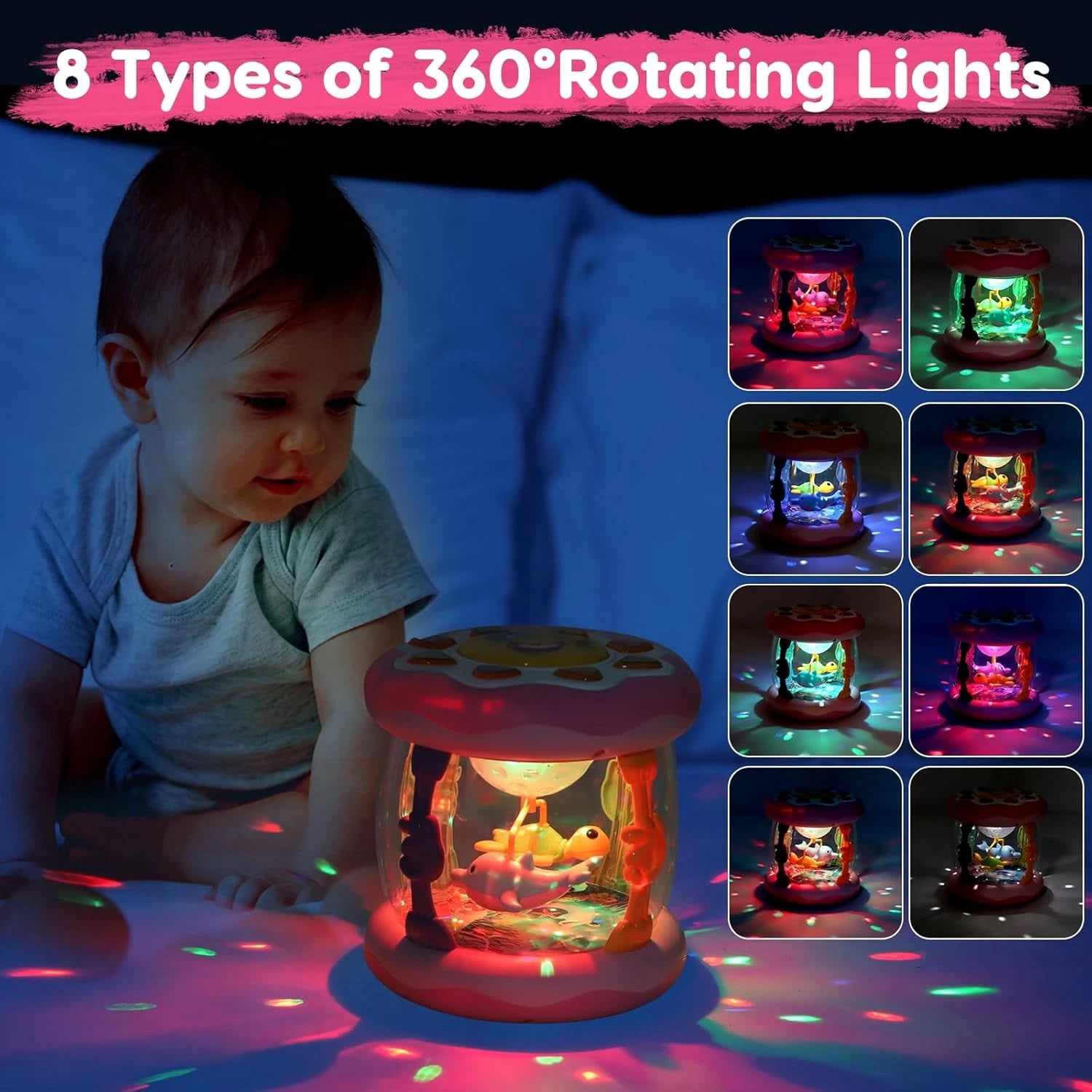 Ficcug Baby Musical Toys for 6-12 Months,Baby Light Up Rotating Ocean Projector Drums Toy for Infant Tummy Time,Learning Crawling Toys for 1 2 3 Year Old Toddler Girls Birthday Gift,Pink