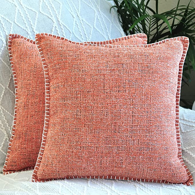 Soft Textured Throw Pillow Covers 20x20 inch Coral Orange Set of 2 Trimmed Edge Chenille Large Farmhouse Cushion Covers Modern Pillow Cases for