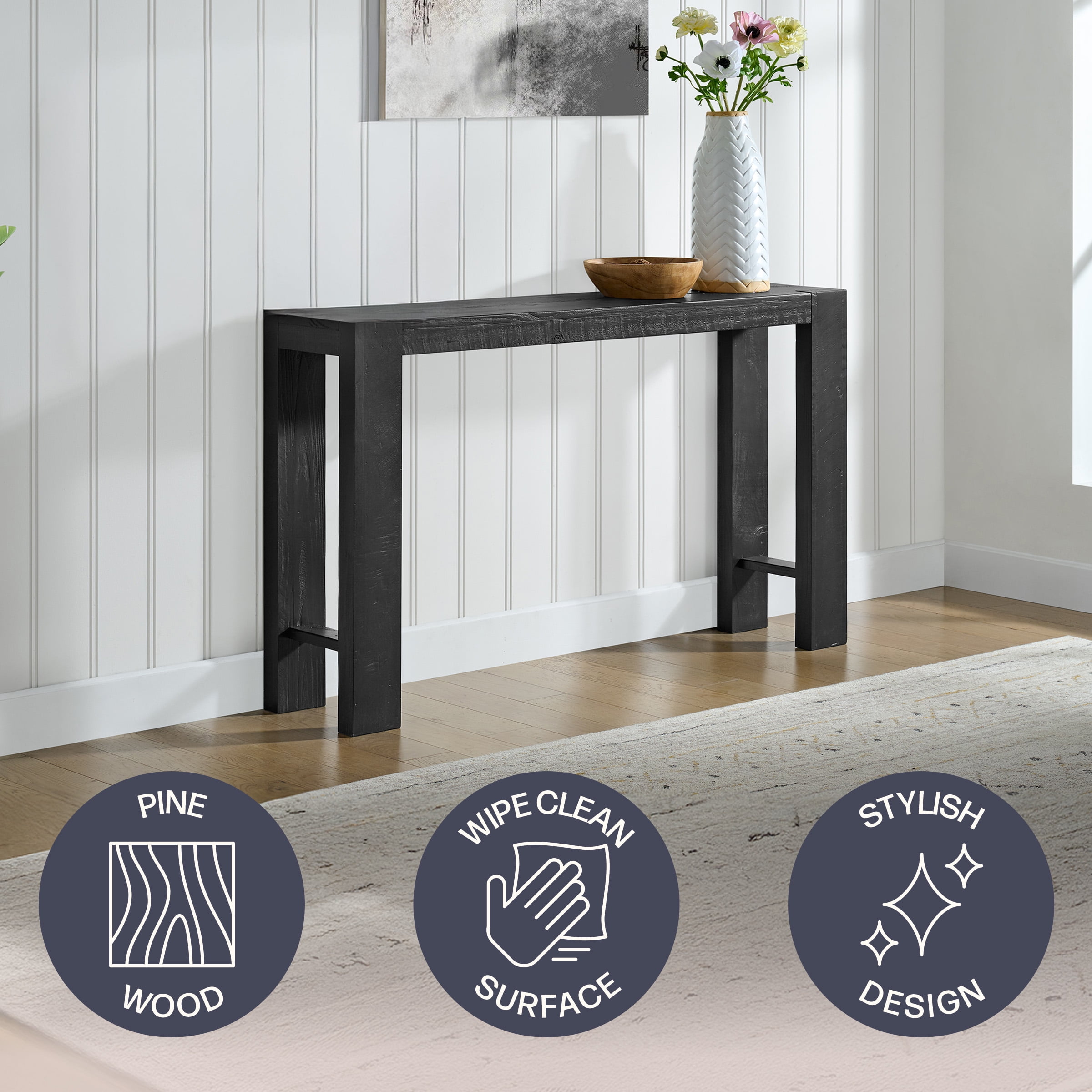 Alaterre Furniture Classic Solid Wood Console Table - 56 Inch Modern Farmhouse Entryway Table, Black
