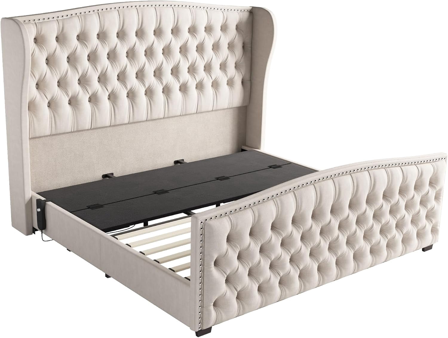 PLAUIN Queen Size Bed Frame, Deep Button Tufted Wingback with Nailhead Trim & Adjustable Base, Cream