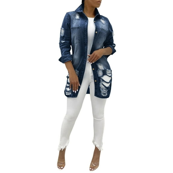 Women Denim Jacket Casual Long Sleeve Distressed Ripped Button Down Jacket