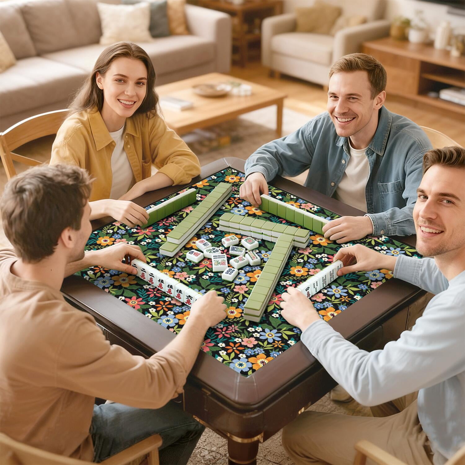 Traditional Floral Print Rubber Game Table Cover 31.5 Inch Square Extra Large Mahjong Mat Quiet Design Anti-Slip Grip for Tiles & Family Nights
