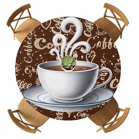 Round Fitted Tablecloth with Elastic Coffee Cup Tablecloths Waterproof Oil Proof Retro Brown Cafe Table Cover for Kitchen Dinner Holiday Party Picnic Fits Tables up to 36 - 44 Diameter