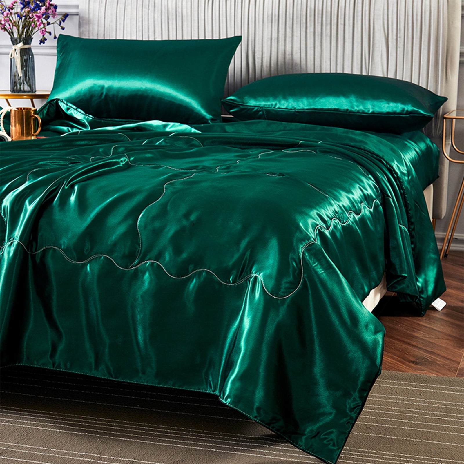 FastXmas Silk Satin Comforter Queen Size, Solid Color Reversible Summer Cooling Blanket, Double Sided Cold Effect, Breathable Lightweight Feather Down Quilted Bedding Machine Washable for All Season