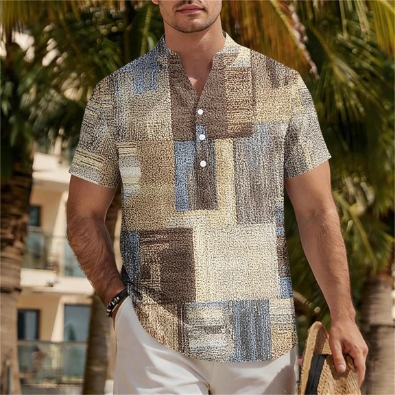 DPTALR Men's Hawaiian Print Short Sleeve Button Down T-shirt,Khaki,Big Men's,Tall Men's XXXL,Young Men's T-shirt