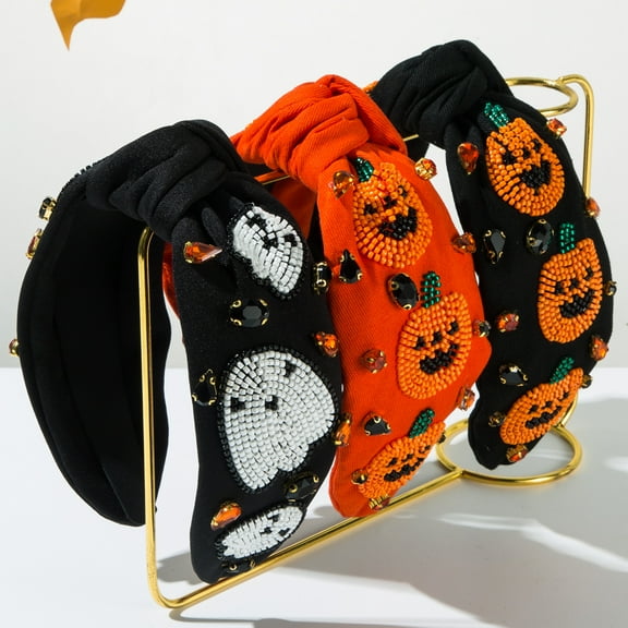 Halloween Knotted Headband for Women, Beaded Pumpkin Wide Top Knot Hairband, Halloween Hair Accessories Gift Costume Party Favors
