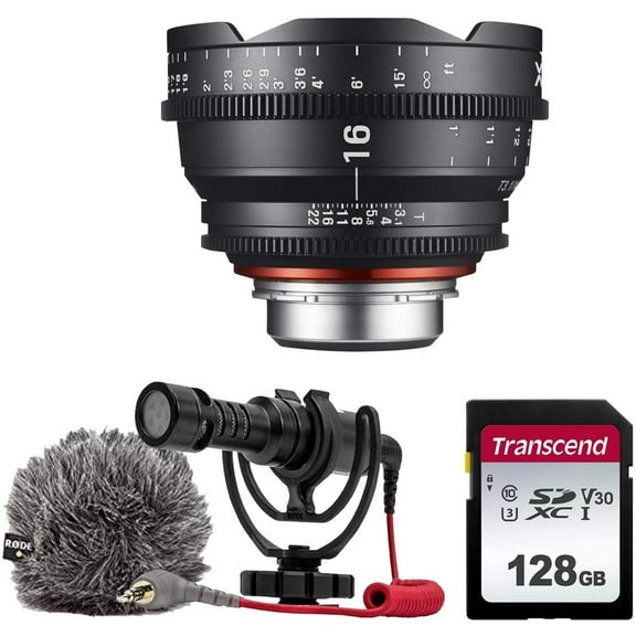 XEEN by ROKINON 16mm T2.6 Professional Cine Lens for PL Mount   Rode VideoMicro Compact On-Camera Microphone with Shock Mount and Furry Windshield   128GB High Speed Memory Card