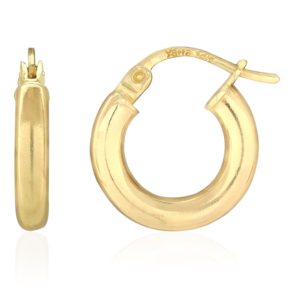 14K Yellow Gold 1mm Thickness High Polished Hinged Small Hoop Earrings