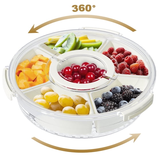 ROSYNEY Snack Box Container, 6 Compartment Snack Tray with Lid, Rotating Divided Serving Tray with Lid and Handle