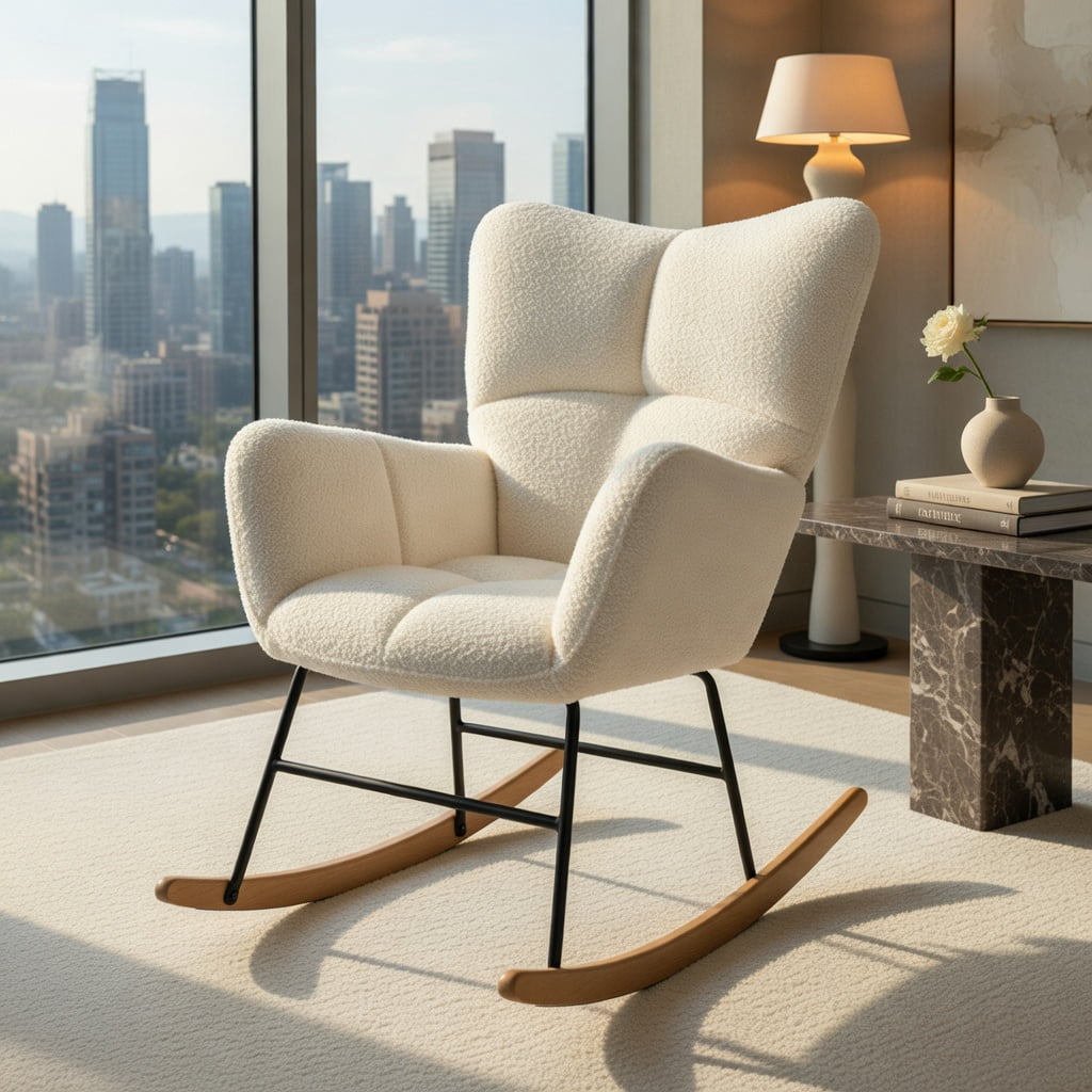 Demi Bonn Upholstered Rocking Chair, Accent Chair with Comfy Backrest and Armrest, Suitable for Home, Living Room and Bedroom, Beige