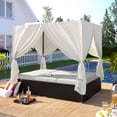 thumbnail image 2 of YIORTWO Outdoor Double Chaise Lounge Daybed with Curtains, Adjustable Backrest & Footrest, Steel Frame Loveseat Sofa for Backyard Poolside, Beige, 2 of 8