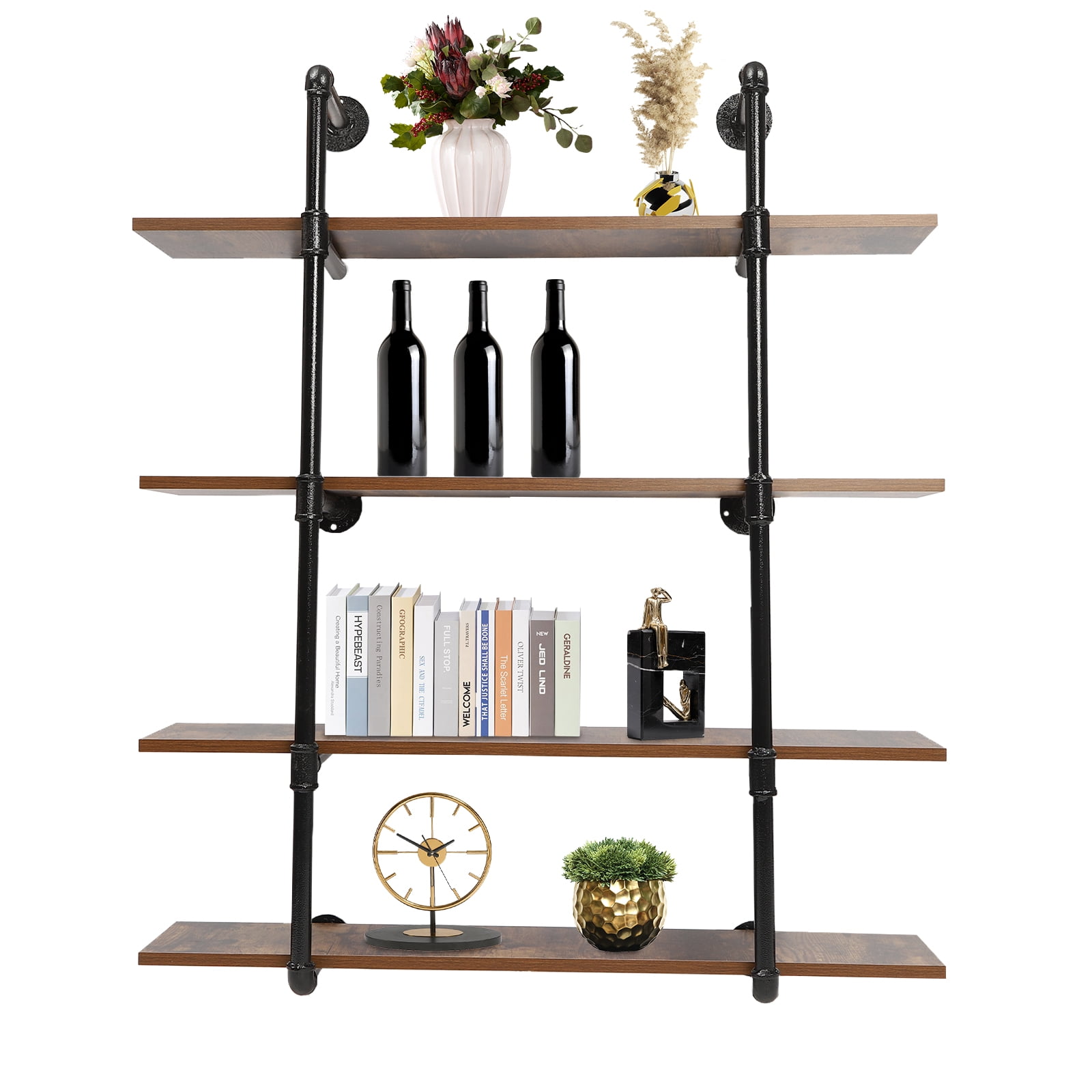 Industrial Pipe Shelving Wall Mounted  Rustic Metal Floating Shelves,Steampunk Real Wood Book Shelves,Wall Shelf Unit Bookshelf Hanging Wall Shelves,Farmhouse Kitchen Bar Shelving(4 Tier)
