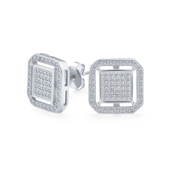 Bling Jewelry Mens  CZ Stud Earrings Flat Square Double Box Frame Sterling Silver 12MM