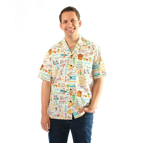 Made in Hawaii Men's Hawaiian Shirt Aloha Shirt in Palms Logos Surfers Road to HAna Rainbows in Cream S