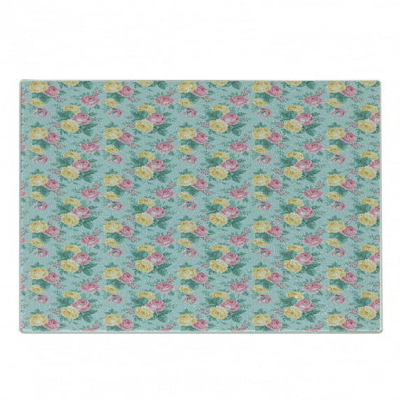 Shabby Flora Cutting Board, Colorful Roses Vegetation in the Summer with Leaves Bridal, Decorative Tempered Glass Cutting and Serving Board, Small Size, Turquoise Pale Pink, by Ambesonne