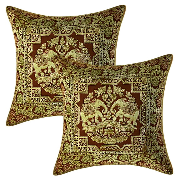 Stylo Culture Ethnic Living Room Brocade Coffee Brown And Gold Throw Pillow Covers 16x16 Jacquard Weave Banarsi Couch Pillow Slipcovers Elephant Floral 40x40 cm Decorative Cushion Covers (Set Of 2)