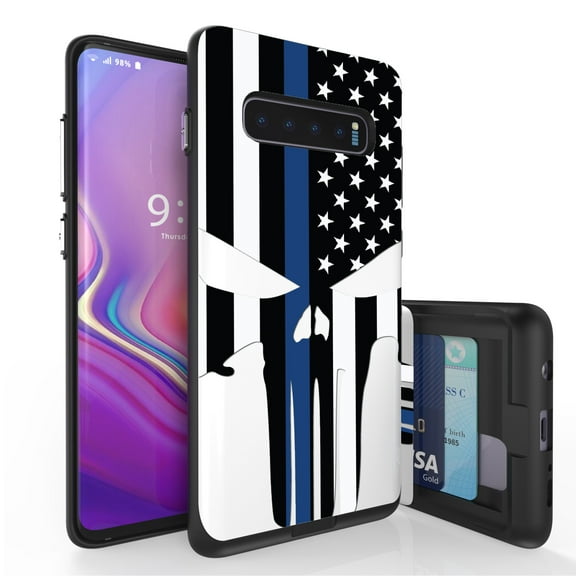 Galaxy S10  Case, Duo Shield Slim Wallet Case   Dual Layer Card Holder For Samsung Galaxy S10  [NOT S10 OR S10e] (Released 2019) Thin Blue Line US Flag Skull