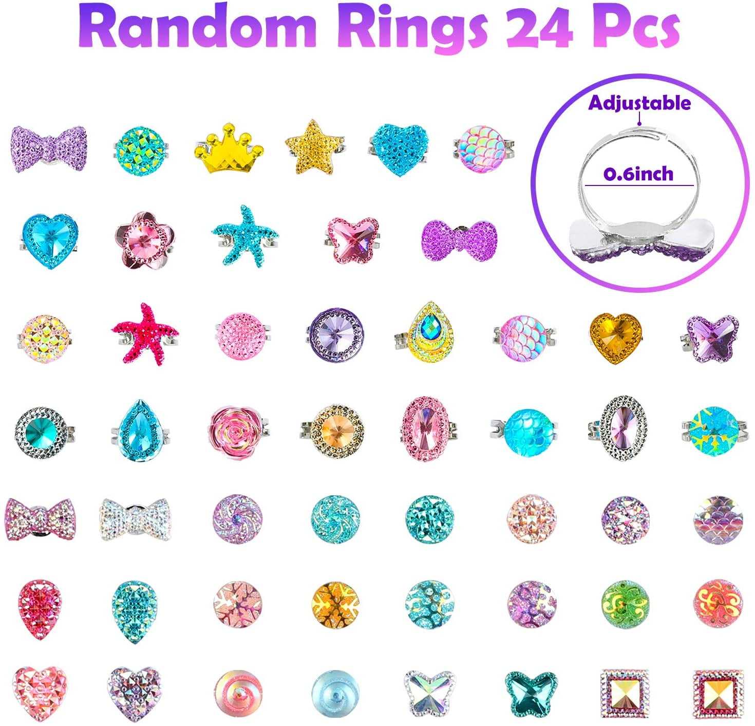 WATINC 62Pcs Mermaid Princess Pretend Jewelry Toy Girl’s Jewelry Dress Up Play Set Shiny Purple Sequin Handbag Necklaces Adjustable Diamond Rings Earrings Bracelets for Little Girls 