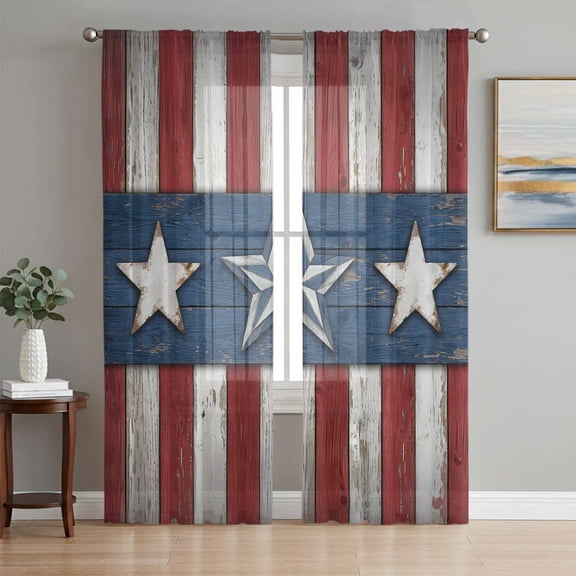 Western American Flag Sheer Curtains 84 Inch Length 2 Panels Set, Red White Striped Vintage Voile Window Treatment Rod Pocket Curtains Sheers Drapes for Bedroom/Living Room/Kitchen 52"x84"x2