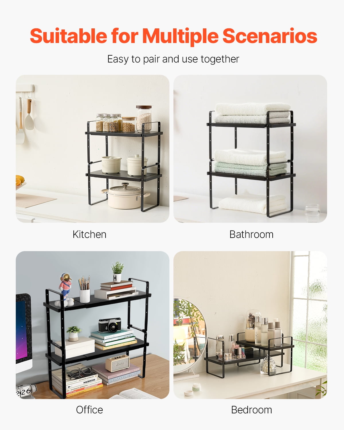 VEVOR Adjustable Kitchen Cabinet Shelf Organizer, Expandable 2 Tier Cabinet Shelf, Stackable Countertop Organizers and Storage Shelf Risers, Pantry Organizers for Kitchen Bathroom Office, Black
