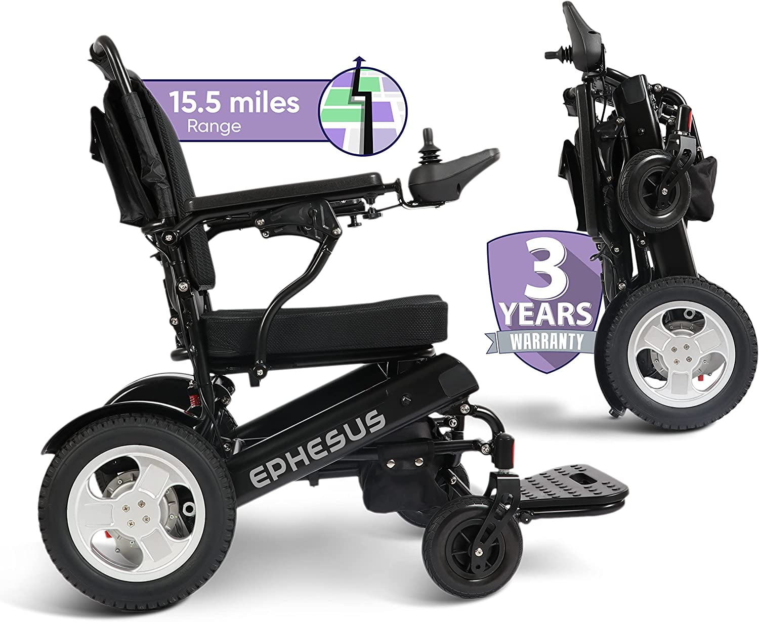 Ephesus E9 LongRange Foldable Electric Wheelchair (Jet Black)
