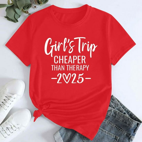 Loose Fit T-Shirts Girl'S Trip 2025 T Shirt Women'S Fashion Round Neck Casual Short Sleeves,Red Women Cotton T Shirt L