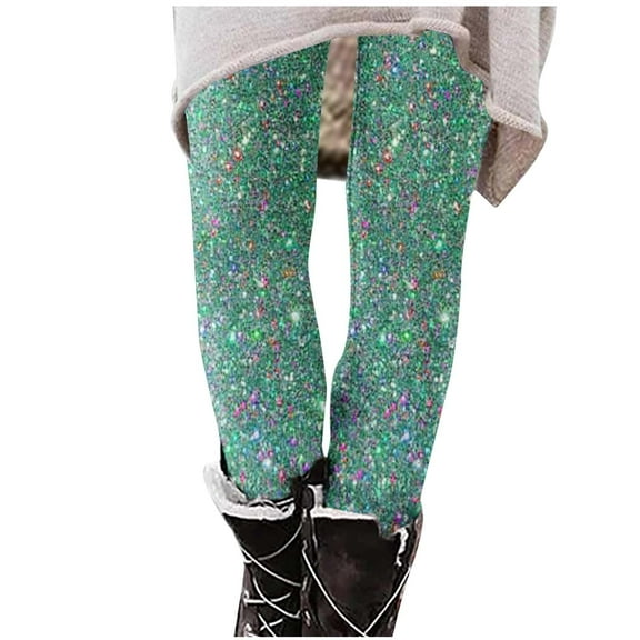SwiftWear Women's Festive Holiday Stretchy Leggings Sequin Print Christmas Yoga Pants Workout Running Legging, Army Green L