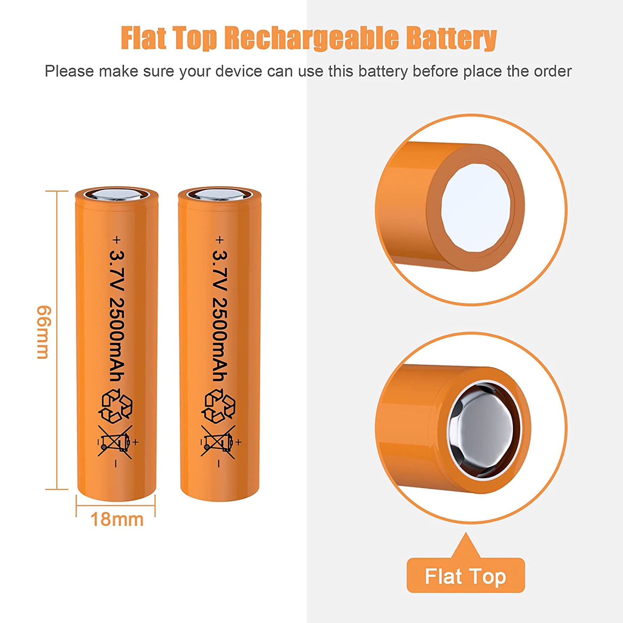2 Pack Batteries for 3.7 Volt 2500mAh Rechargeable Flat Top Battery, Suitable for Flashlight, Camera, Small Fan