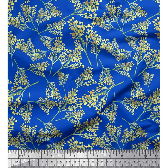 Soimoi Blue Cotton Cambric Fabric Cassia Fistula Floral Printed Fabric 1 Yard 56 Inch Wide