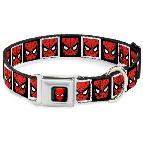 Marvel Comics Pet Collar, Dog Collar Metal Seatbelt Buckle, Spider Man Face Black White Blocks, 20 to 31 Inches 1.5 Inch Wide