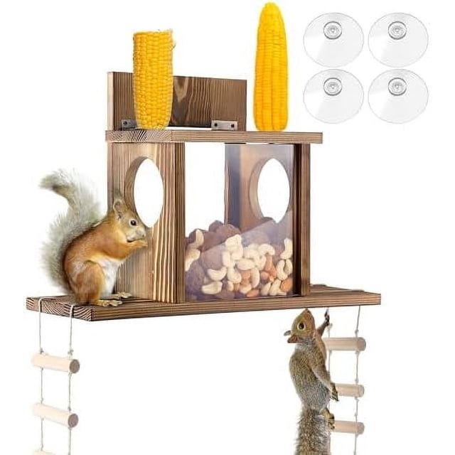 Carbonized Wood Window Squirrel Feeder, Squirrel Feeders for Outside Winter with Transparent Viewing, Ladders & Removable Front Panel, Safe Feeding Shelter for Squirrels for Corn
