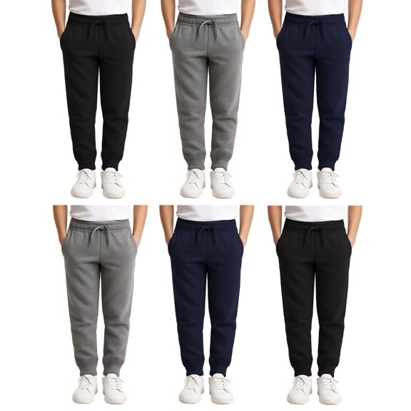 Yacht & Smith 6 Pack of Boys Jogger Bulk Sweatpants, Black Navy Gray, Comfy Lounge Joggers for Kids