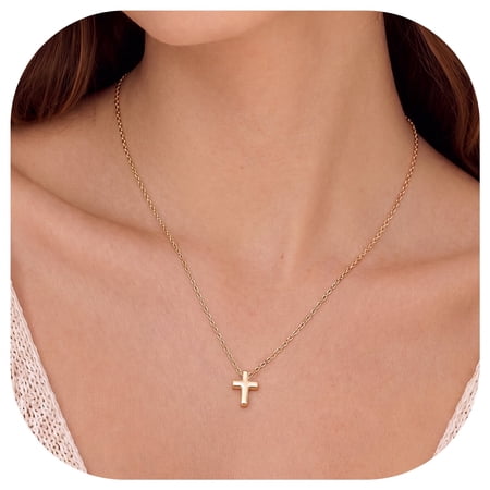 FindChic Cross Necklace for Women, Dainty 14K Gold Plated Crucifix Pendant Necklace Hypoallergenic Baptism Religious Faith Jewelry Gifts for Her