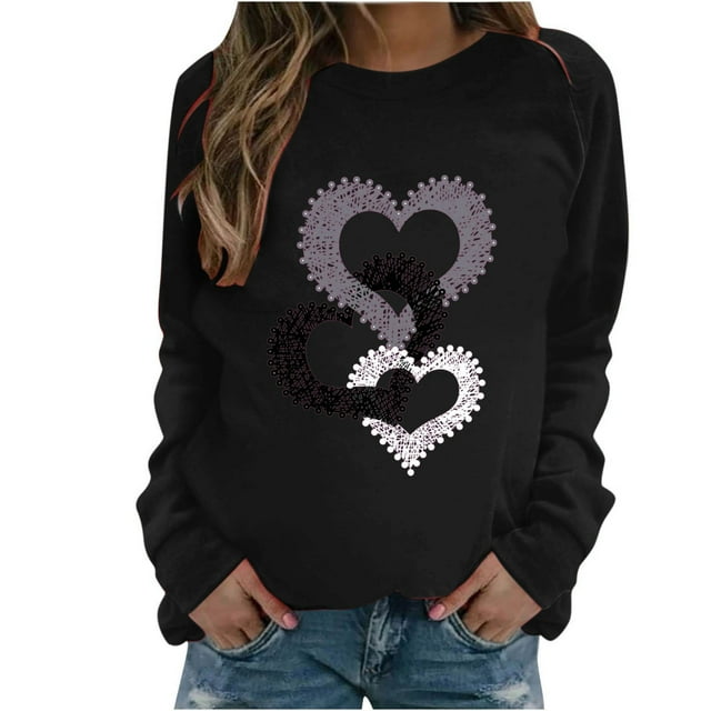 Penkiiy Femmes Imprimé Saint-Valentin Raglan Manches Longues Pull Décontracté Chandail à Capuchon 3TG Noir