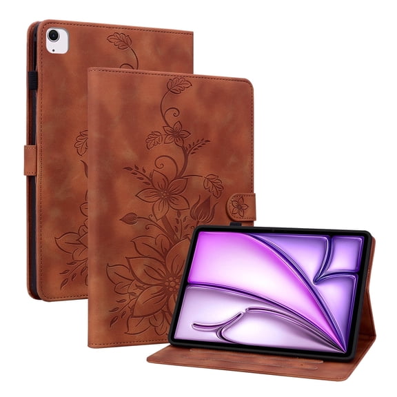 XYX for iPad Air 11 inch (M4 2026/M3 2025/M2 2024) Case, PU Leather Slim Folio with Multi-Angle Stand, Brown Lily Flower