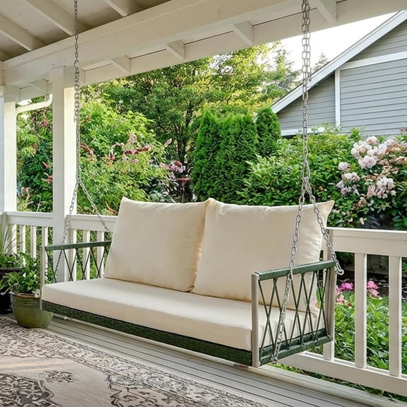 Wicker Porch Swing, Upholstered Outdoor Hanging Swing with Steel Chains, All Weather Patio Swing Bed with Armrests, Heavy Duty 600 LBS Swings  Chair for Lawn/Yard/Garden, White