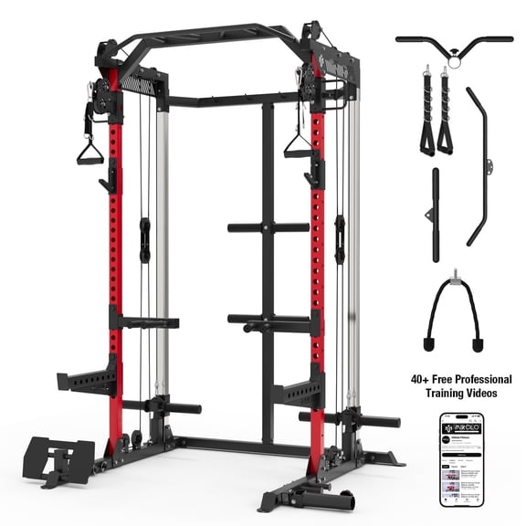 Mikolo Power Rack Cage, Red Weight Rack with Dual Pulley Cable Crossover Machine,Multi-Function Squat Rack with J Hooks,Dip Bars and Landmine for Home Gym