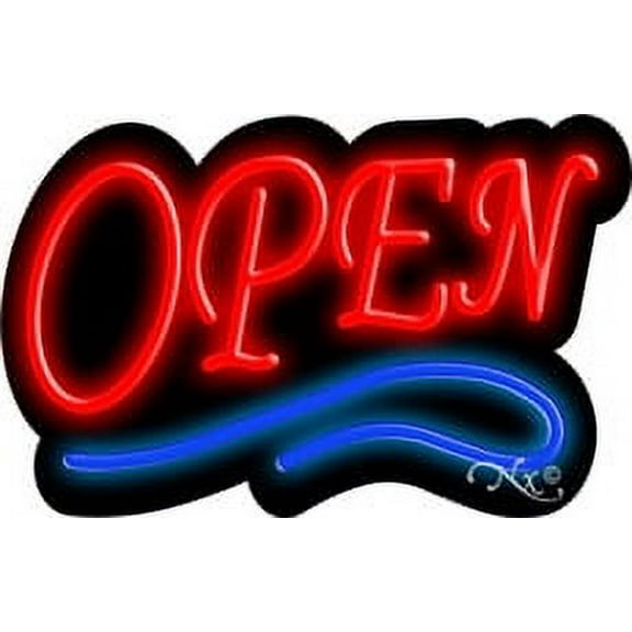 Deco Style Red Open With Blue Line LED Neon Sign 14" Tall x 22" Wide, Black Square Cut Acrylic Backing, with Dimmer - Bright and Premium built indoor LED Neon Sign for storefront.