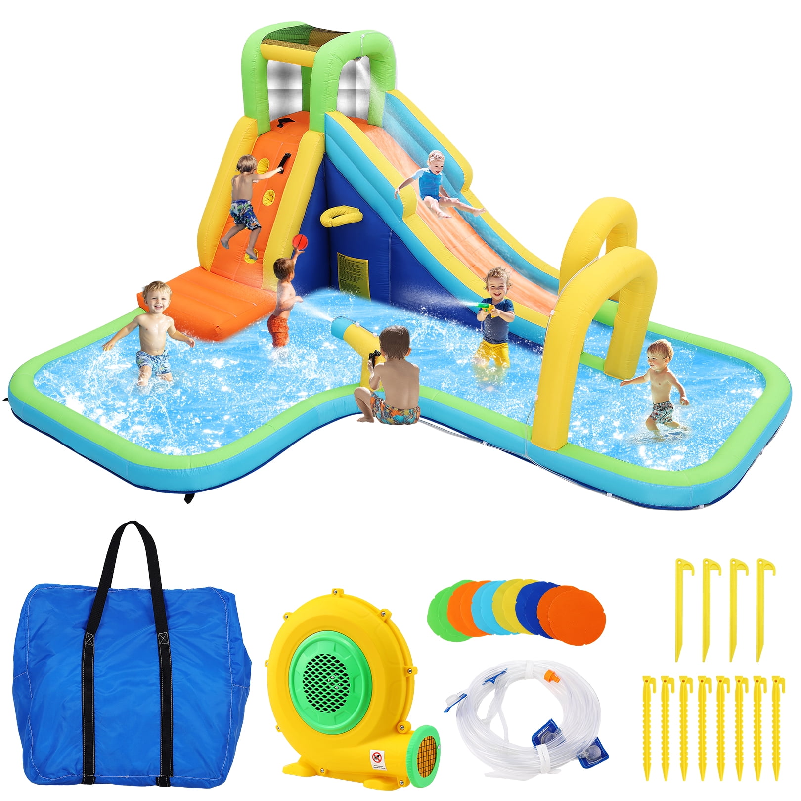 Funcid Inflatable Water Slide Bounce House for Kids, Dual Slides & Double Splash Pools, Ring Toss & Water Cannon, Arch & Overhead Sprinkler, Indoor Outdoor Play