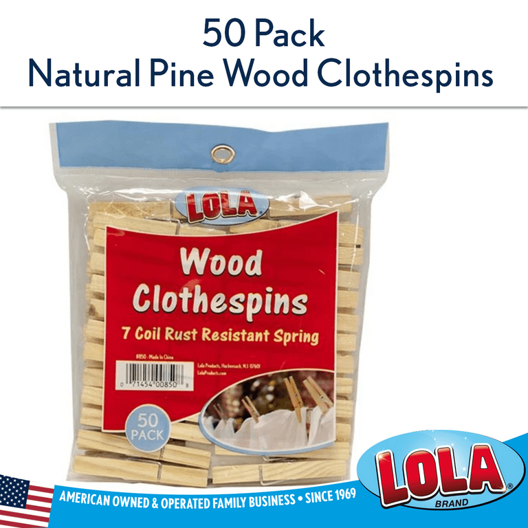 LOLA Wood Spring Clothespins, Moisture Resistant Hard Wood, Coil Spring Clips - 50 CT
