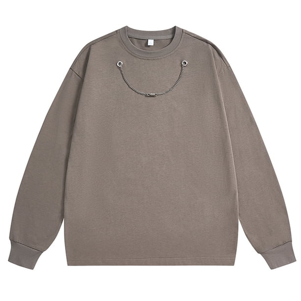 pstuiky camisas de manga larga para hombre, Camiseta de manga larga con cuello redondo y cadena de color liso para hombre. Blusa de manga larga con cuello redondo. tops de invierno para hombre l
